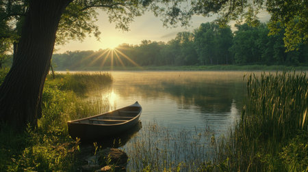 A peaceful sunrise illuminates a calm lake surrounded by lush greenery, featuring a canoe resting gently by the shore, creating a serene atmosphere.の素材