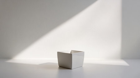 A minimalistic square bowl positioned on a surface, basking in soft natural light that creates elegant shadows, highlighting its clean lines and simple design.の素材