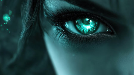 A mesmerizing close-up image showcasing a mystical eye filled with electric blue energy and deep emotion, set against a dark background.の素材