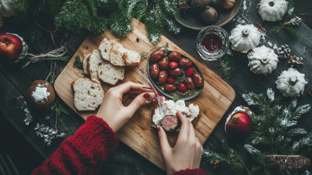 A warm and inviting holiday setting featuring fresh bread, grapes, and cheese, perfect for cozy festive gatherings during the winter season.の素材