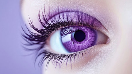 This close-up image captures the mesmerizing detail of a human eye featuring a vibrant purple iris and long, luscious eyelashes against a soft purple background.の素材