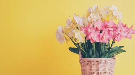 A stunning bouquet of vibrant orchids in shades of pink and yellow arranged beautifully in a wicker basket, set against a bright yellow background, exuding freshness and elegance.の素材