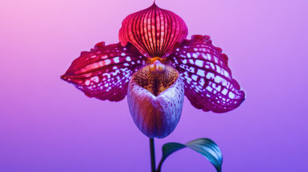 Captivating image of a vibrant orchid displaying its unique patterns and colors against a soft purple background, embodying natural beauty and elegance.の素材