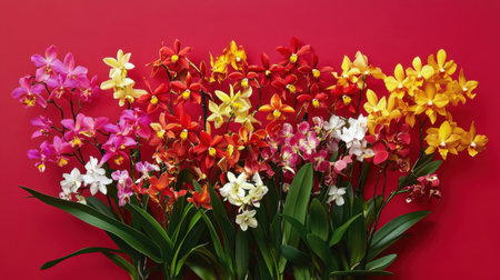 A stunning display of assorted orchids in vibrant colors of red, pink, yellow, and white, set against a bold red backdrop, emphasizing elegance and beauty in nature.の素材