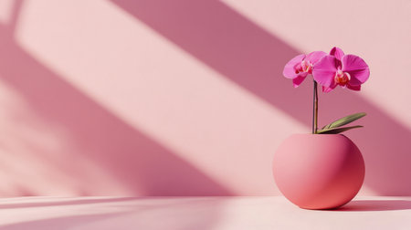 A stunning pink orchid gracefully positioned in a round pot against a soft pink backdrop, creating a tranquil and elegant atmosphere perfect for modern interiors.の素材