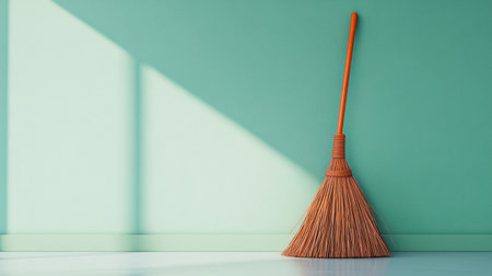 This image showcases a broom leaning against a soft green wall, accentuated by gentle natural light, evoking a sense of cleanliness and simplicity.の素材