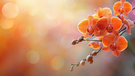 Stunning orange orchid blooms elegantly captured against a softly blurred warm background, creating a peaceful and vibrant botanical scene.の素材