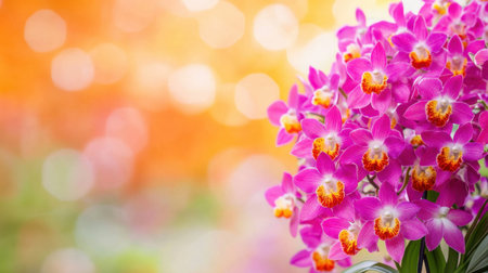 A stunning display of vibrant pink orchids in full bloom, set against a soft bokeh background that enhances the beauty and elegance of nature.の素材