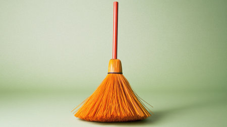 A bright orange broom stands upright on a subtle green backdrop, symbolizing cleanliness and simplicity. Ideal for home care themes and cleaning tools.の素材
