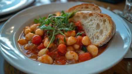 This image captures a delicious serving of fresh gnocchi in a savory tomato sauce, garnished with herbs and accompanied by crusty bread. Perfect for food lovers.の素材