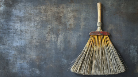 A vintage broom rests against a textured gray background, ideal for concepts related to rustic decor, cleaning tools, and household themes.の素材
