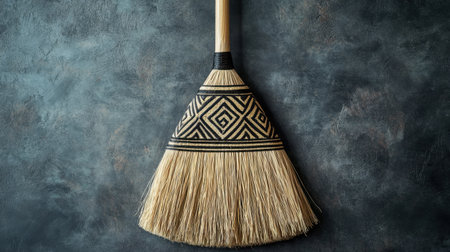 A beautifully crafted traditional broom showcasing intricate patterns, set against a dark, textured background, perfect for home decor or cleaning needs.の素材