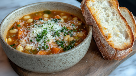 A delicious bowl of hearty vegetable soup garnished with fresh herbs and served alongside slices of artisan bread on a rustic wooden board.の素材