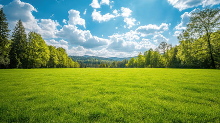 A stunning summer landscape showcases a lush green meadow stretching under a bright blue sky adorned with fluffy clouds, framed by distant mountains, inviting tranquility and peace.の素材