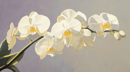 A breathtaking depiction of white orchids showcasing their delicate petals, set against a soft background, perfect for enhancing any space with elegance.の素材