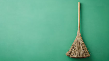 This image showcases a simple broom against a vibrant green background, emphasizing a minimalistic design ideal for cleaning and household aesthetics.の素材
