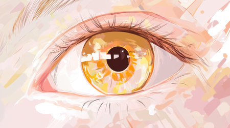 This close-up artwork of an eye showcases vibrant orange colors set against an abstract background, highlighting the beauty of detail and creativity.の素材