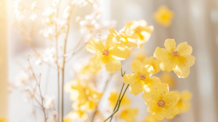 A stunning close-up of vibrant yellow flowers bathed in warm sunlight, creating a soft, dreamy ambiance. Perfect for nature and decor themes.の素材