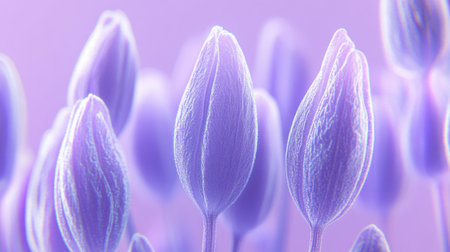 A stunning close-up of lavender tulip buds showcases their soft texture and delicate petals against a calming purple background, evoking tranquility.の素材