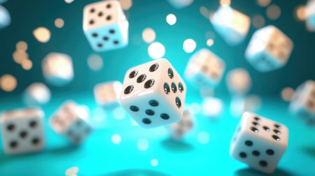 A visually captivating image showcasing dynamic floating dice set against a vibrant turquoise background. The playful scene captures the essence of gaming and luck, enhancing the atmosphere with soft, blurred highlights for a sense of motion and excitement.の素材