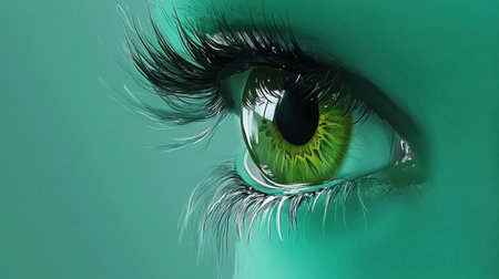 This high-resolution image features a stunning close-up of a green eye with long, delicate eyelashes against a soft turquoise background. The eyeの素材