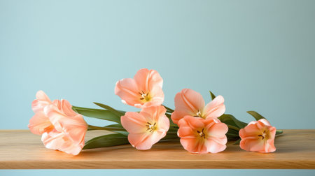A beautiful arrangement of fresh peach tulips resting on a wooden table against a soft light blue background. This elegant setup embodies the essence of spring, showcasing the delicate petals and lush green leaves, perfect for floral decorations and artistic inspiration.の素材