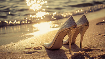 A stunning pair of sparkling high heels rests on the soft sand of a picturesque beach, illuminated by the warm glow of a sunset and gentle ocean waves.の素材