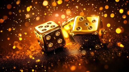 Experience the allure of shimmering gold dice set against a vibrant sparkling background, perfect for enhancing game night atmosphere and festive celebrations.の素材