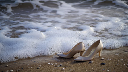 A pair of elegant high-heeled shoes rests on a sandy beach, gently kissed by ocean waves at sunset, capturing a moment of tranquil beauty and sophistication.の素材