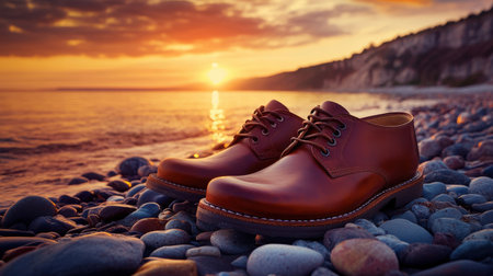 A pair of elegant brown leather shoes resting on a rocky beach at sunset. The serene water reflects the warm colors of the sky, creating a tranquil atmosphere.の素材