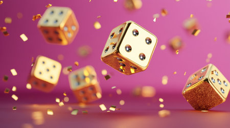This lively image captures golden dice floating in mid-air, surrounded by sparkling confetti against a vibrant pink backdrop, symbolizing fun and excitement.の素材