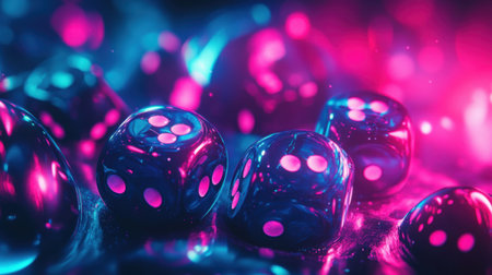 A visually stunning image featuring vibrant dice glowing in neon colors, set against a mesmerizing background filled with shimmering lights. Perfect for themes of gaming and chance.の素材
