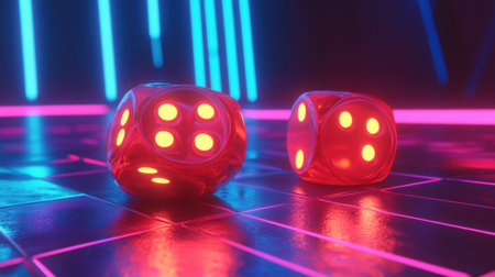 A captivating image of illuminated dice resting on a sleek surface, surrounded by vibrant neon lights. Perfect for gaming themes and creative projects.の素材