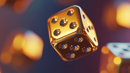 An artistic representation of glimmering gold dice caught mid-air, showcasing detailed dots and reflections against a colorful, blurred background.の素材