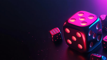 This striking image features a colorful arrangement of dice set against a dark background, illuminated by neon light effects, perfect for gaming and entertainment themes.の素材