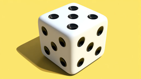 This image features a realistic white die showing the number six, set against a vibrant yellow background. The die casts a soft shadow, adding depth to the composition.の素材