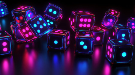 A captivating collection of neon dice in vibrant colors, reflecting light on a dark surface, creating an exciting abstract scene perfect for game-related themes.の素材
