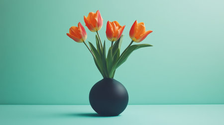A striking image featuring four vibrant orange tulips in a sleek black vase set against a soft mint background, ideal for home decor inspiration.の素材
