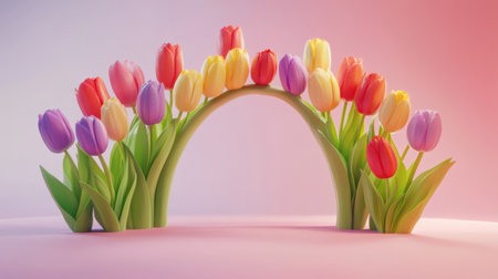 A stunning arch made of tulips in various colors brings charm to any spring celebration with its vibrant petals and gentle gradient backdrop.の素材