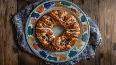 A beautifully arranged sweet pastry wreath studded with nuts, presented on a decorative plate, set against a rustic wooden background, perfect for desserts.の素材