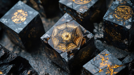 This captivating image displays a collection of intricately designed black and gold cubes, each showcasing unique patterns and textures, perfect for art enthusiasts.の素材