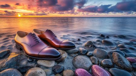 A pair of elegant leather shoes rests on colorful stones by the calm ocean at sunset, showcasing a serene blend of nature and fashion.の素材