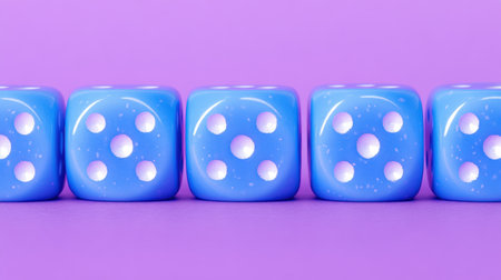 This image showcases five vibrant blue dice arranged neatly in a row against a smooth purple background, highlighting themes of gaming and chance.の素材