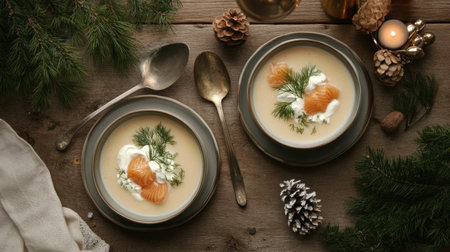 A warm bowl of creamy soup garnished with orange segments and fresh dill sits elegantly on a rustic wooden table, surrounded by festive decorations.の素材