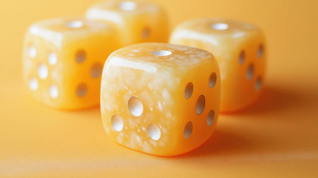 This close-up image features vibrant yellow dice resting against a bright orange background, evoking themes of gaming, luck, and creativity.の素材
