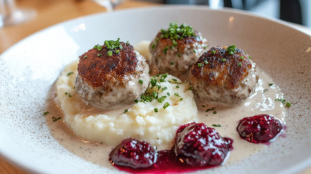 A plate of succulent meatballs sits atop smooth and creamy mashed potatoes, accompanied by a vibrant berry sauce, perfect for food enthusiasts.の素材