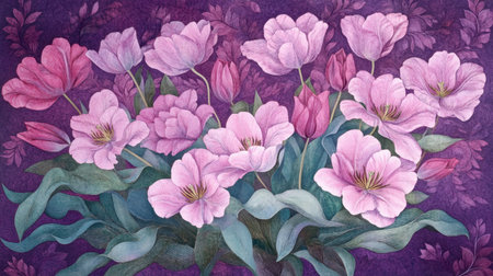 A stunning floral artwork displaying an array of pink and purple flowers on a rich textured background, perfect for enhancing natural themes and elegance.の素材