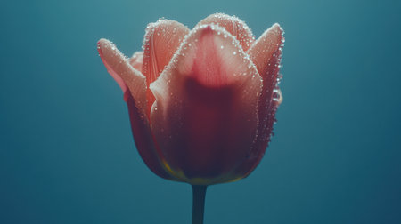 A stunning close-up of a delicate pink tulip adorned with sparkling dew drops. The soft blue background enhances the natural beauty, creating an ethereal atmosphere.の素材