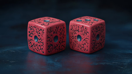 This image features a pair of unique red dice with intricate black patterns, perfect for gaming and creative projects. The dark background enhances their striking appearance.の素材