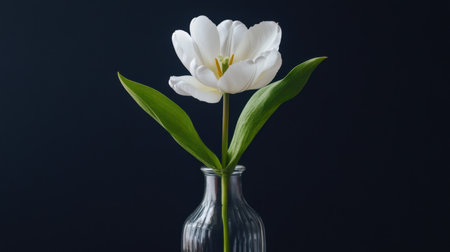 A stunning white tulip stands gracefully in a clear glass vase, set against a dark background. This image captures the beauty and simplicity of nature's elegance, ideal for various design projects.の素材